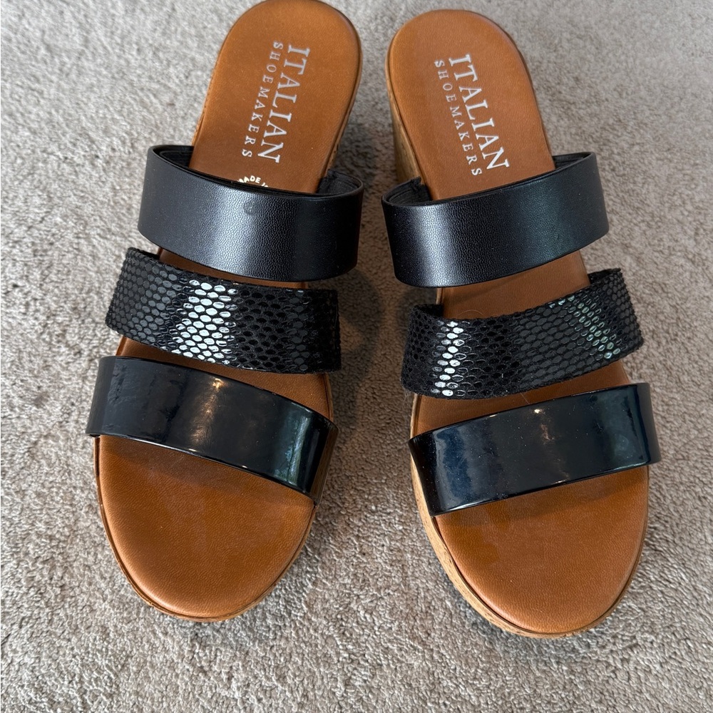 Italian Shoemakers Black and Brown Sandals Three-Strap wedge